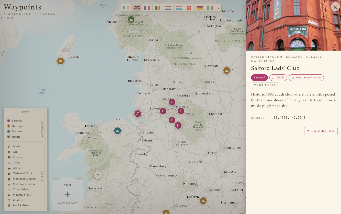 Waypoints — Manchester detail with Joy Division bridge pin